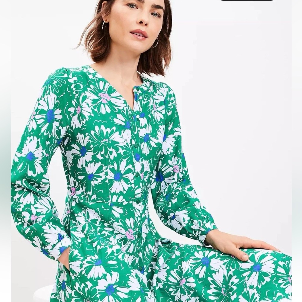 NWT Loft Green Floral Button Front Long Sleeve Dress with Pockets 6P new - Picture 2 of 7